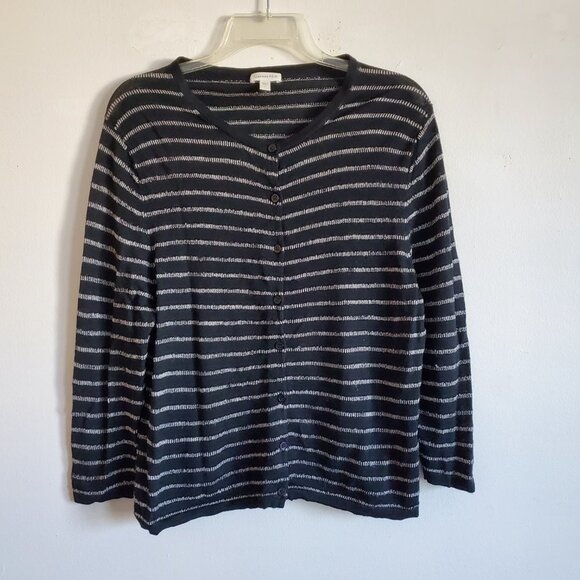 Garnet Hill 100% Merino Wool Black and White Strip Button Up Cardigan Large - Picture 4 of 13